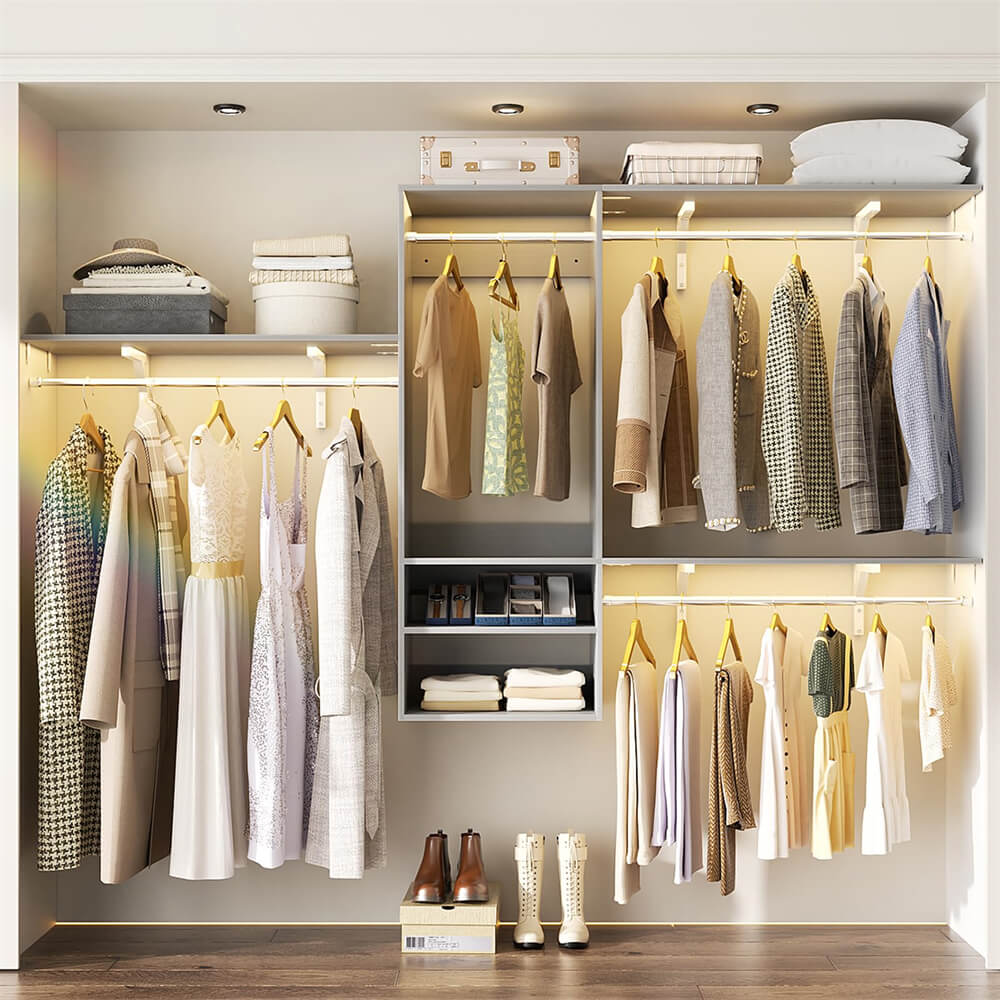 Unikito 96 inch Hanging Closet System 8ft Wall Mounted Closet Wardrobe with Hanging Rod 3 Shelving Towers Gray
