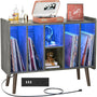 Unikito Record Player Stand with LED Light, Vinyl Record Storage Table with 6 Cabinet, Record Player Stand with Storage and Sockets, Record Display Shelf Wood Legs for Bedroom Living Room