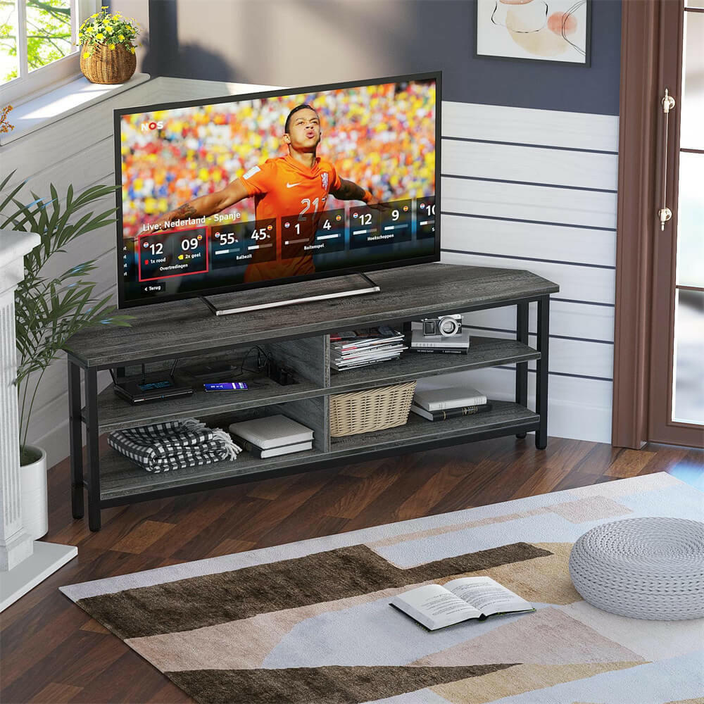 Unikito 55'' Corner TV Stand with Power Outlet, Corner Entertainment Center TV Console Table with 4 Open Storage Shelves, Metal Frame for Living Room, Bedroom, Industrial 60'' Corner TV Stand