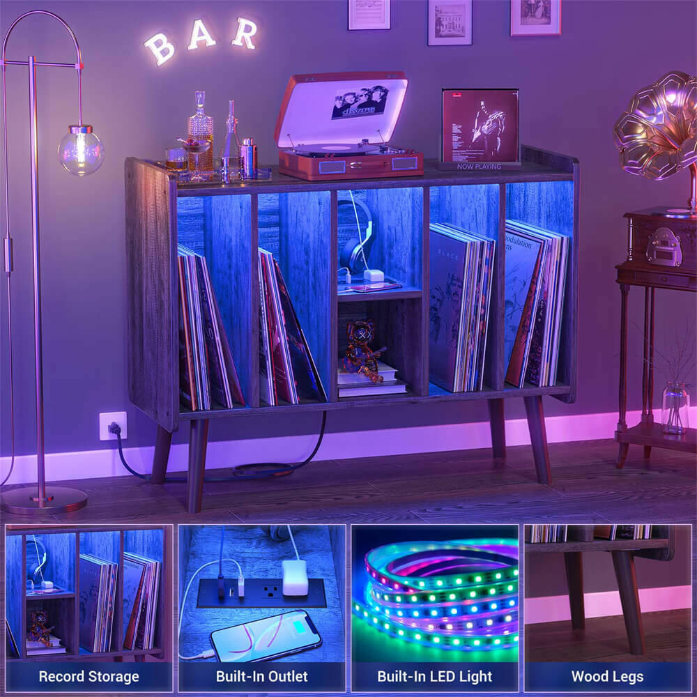 Unikito Record Player Stand with LED Light, Vinyl Record Storage Table with 6 Cabinet, Record Player Stand with Storage and Sockets, Record Display Shelf Wood Legs for Bedroom Living Room