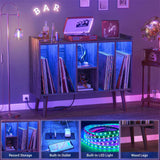 Unikito Record Player Stand with LED Light, Vinyl Record Storage Table with 6 Cabinet, Record Player Stand with Storage and Sockets, Record Display Shelf Wood Legs for Bedroom Living Room