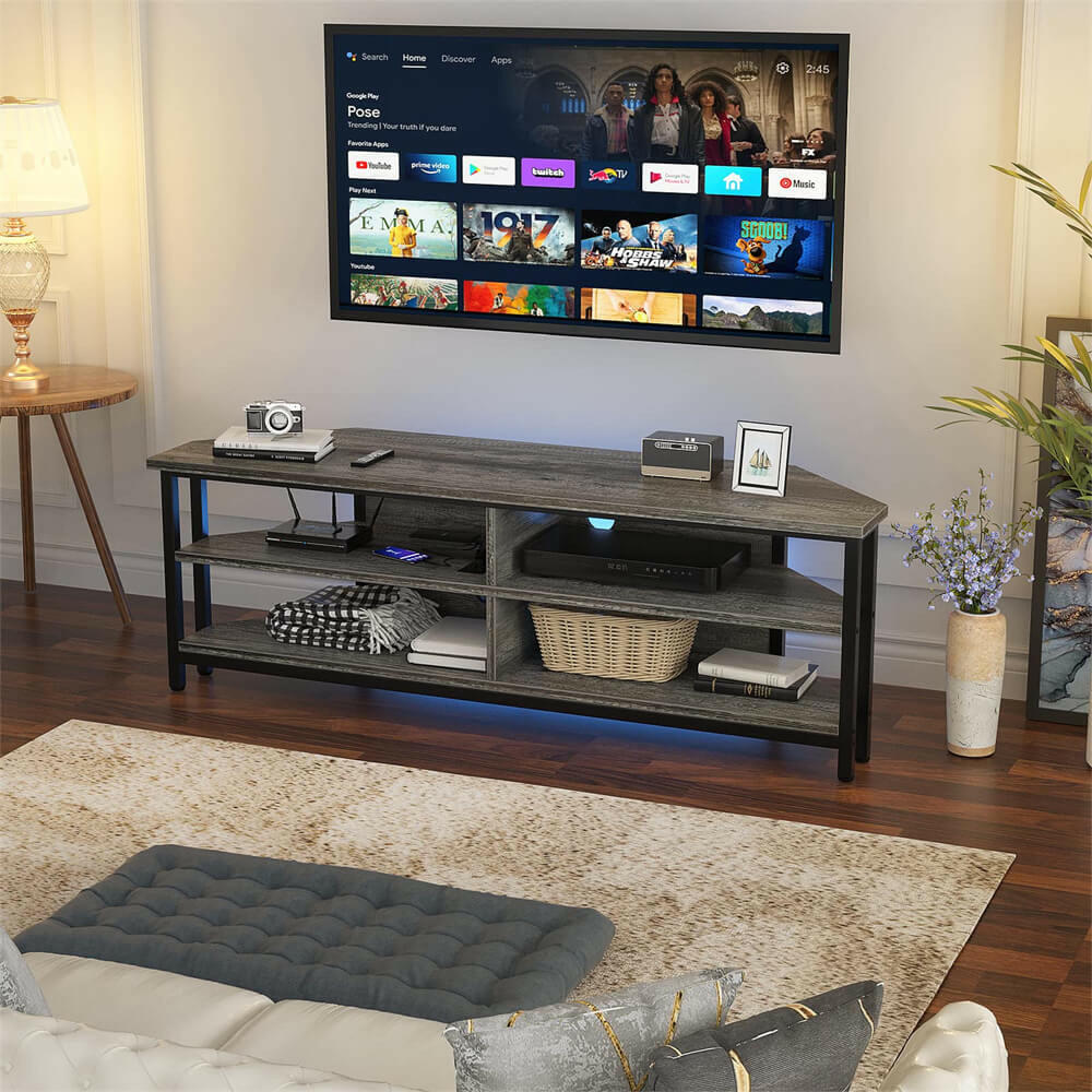 Unikito 55'' Corner TV Stand with Power Outlet, Corner Entertainment Center TV Console Table with 4 Open Storage Shelves, Metal Frame for Living Room, Bedroom, Industrial 60'' Corner TV Stand