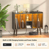 Unikito Record Player Stand with LED Light, Vinyl Record Storage Table with 6 Cabinet, Record Player Stand with Storage and Sockets, Record Display Shelf Wood Legs for Bedroom Living Room