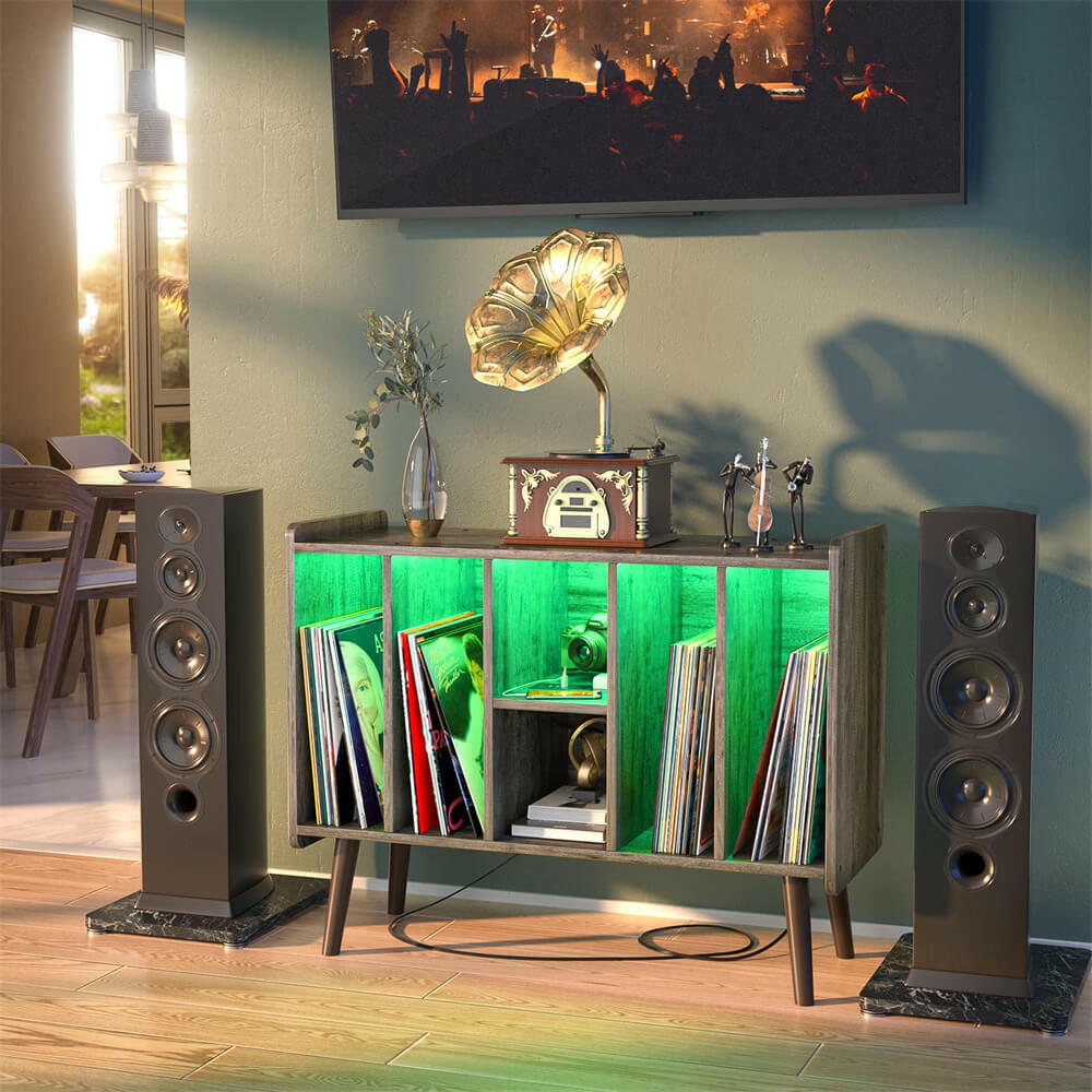 Unikito Record Player Stand with LED Light, Vinyl Record Storage Table with 6 Cabinet, Record Player Stand with Storage and Sockets, Record Display Shelf Wood Legs for Bedroom Living Room