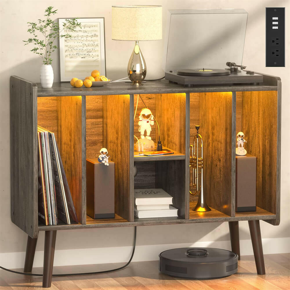 Unikito Record Player Stand with LED Light, Vinyl Record Storage Table with 6 Cabinet, Record Player Stand with Storage and Sockets, Record Display Shelf Wood Legs for Bedroom Living Room