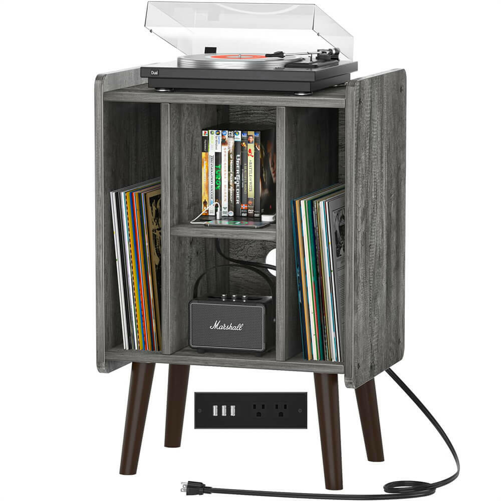 Unikito Record Player Stand, Vinyl Turntable Stand with Power Outlet and USB Charging Port, Record Display Table with Storage, Audio Rack, Turntable Nightstand for Bedroom, Living Room