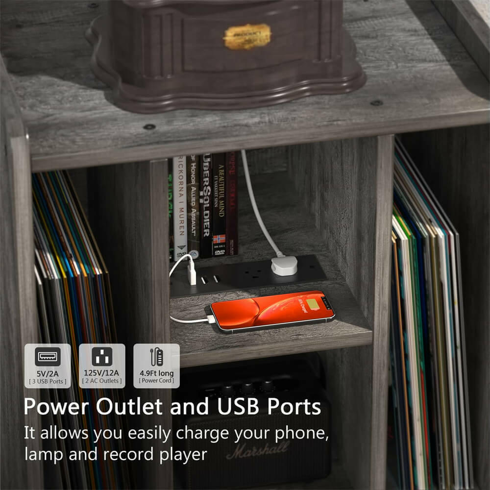 Unikito Record Player Stand, Vinyl Turntable Stand with Power Outlet and USB Charging Port, Record Display Table with Storage, Audio Rack, Turntable Nightstand for Bedroom, Living Room