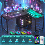 Unikito L Shaped Computer Desk, 58'' Reversible Gaming Desk with LED Strip & Adjustable Monitor Stand, Office Desk with Cabinet & Power Outlets, Corner Desk 2 Person Long Writing Study Table