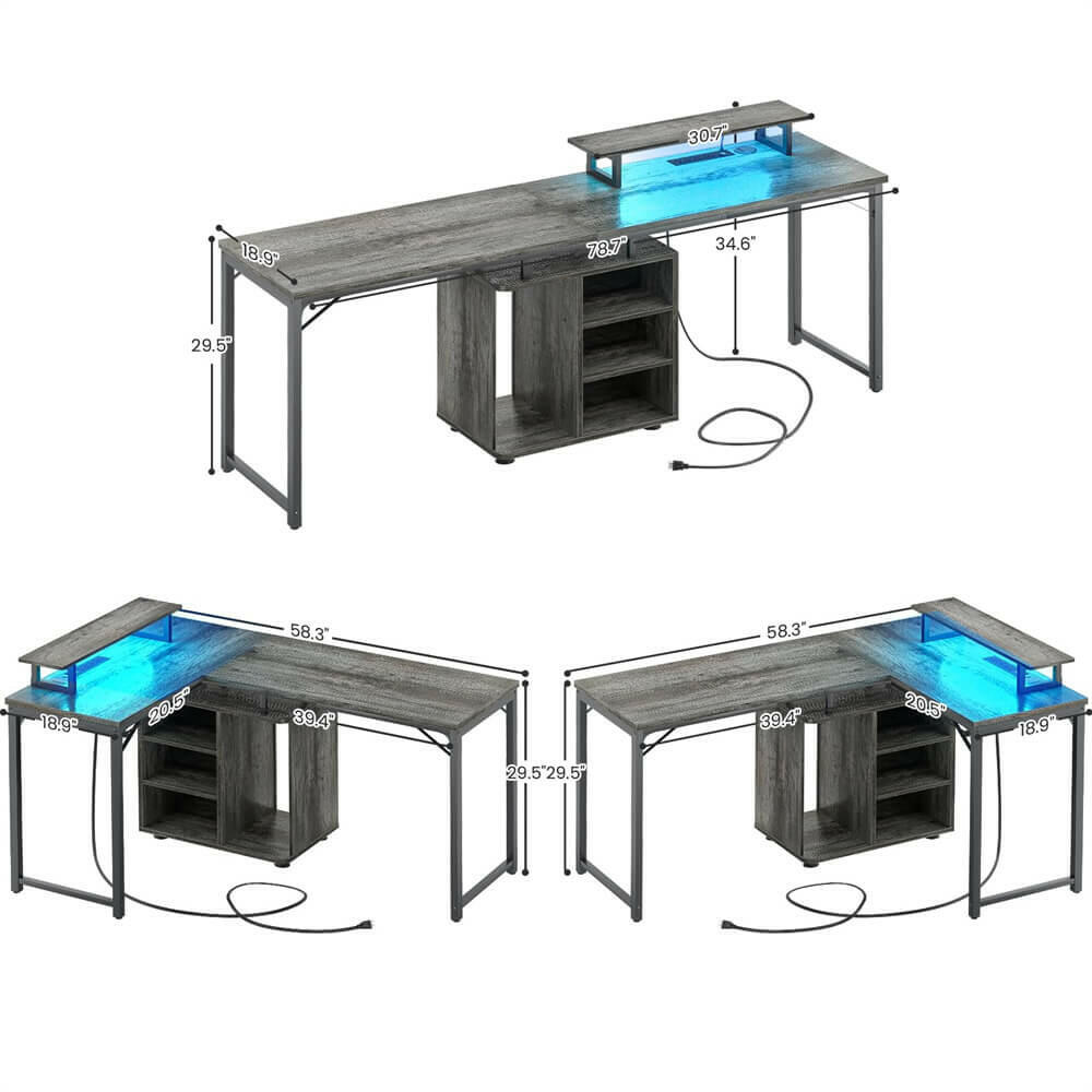 Unikito L Shaped Computer Desk, 58'' Reversible Gaming Desk with LED Strip & Adjustable Monitor Stand, Office Desk with Cabinet & Power Outlets, Corner Desk 2 Person Long Writing Study Table