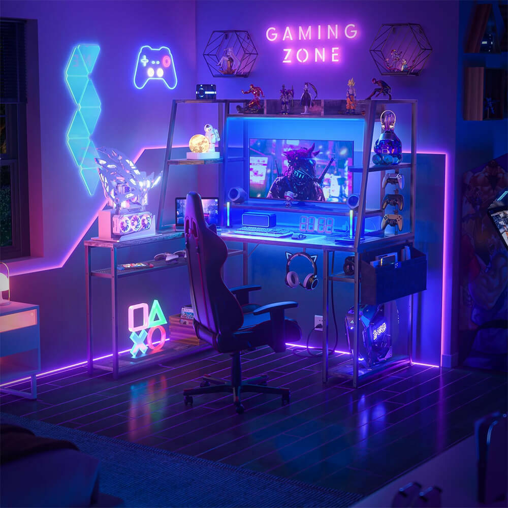 Unikito L Shaped Gaming Desk with Hutch & Shelves, 47'' Gaming Computer Desk with LED Lights & Power Strips, Reversible PC Gaming Desk L Shape with Storage, L Desk for Gaming with Monitor Stand