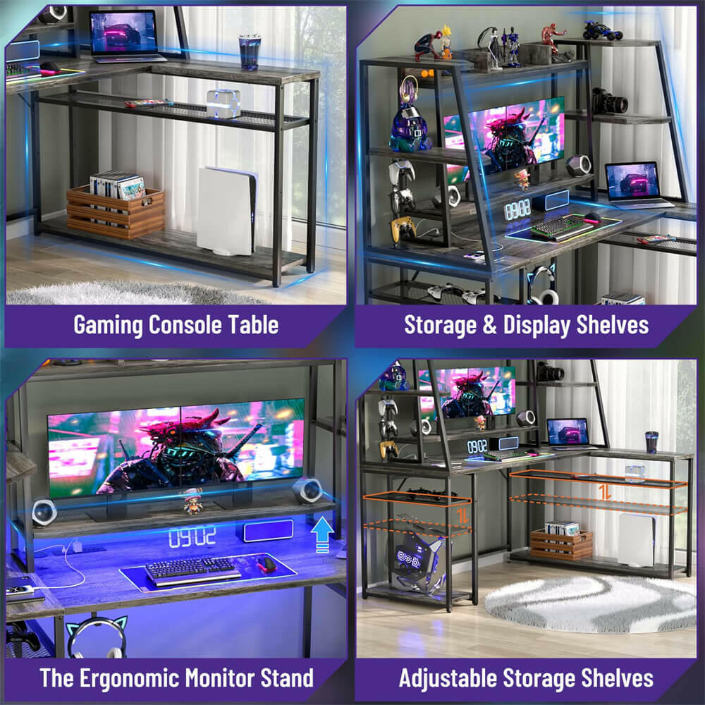 Unikito L Shaped Gaming Desk with LED Lights & Power Strips, 63'' Reversible Gaming Table Desk with Hutch, L-Shaped PC Gaming Desk with Storage, L Gamer Desk with Monitor Stand & Hook
