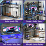 Unikito L Shaped Gaming Desk with LED Lights & Power Strips, 63'' Reversible Gaming Table Desk with Hutch, L-Shaped PC Gaming Desk with Storage, L Gamer Desk with Monitor Stand & Hook