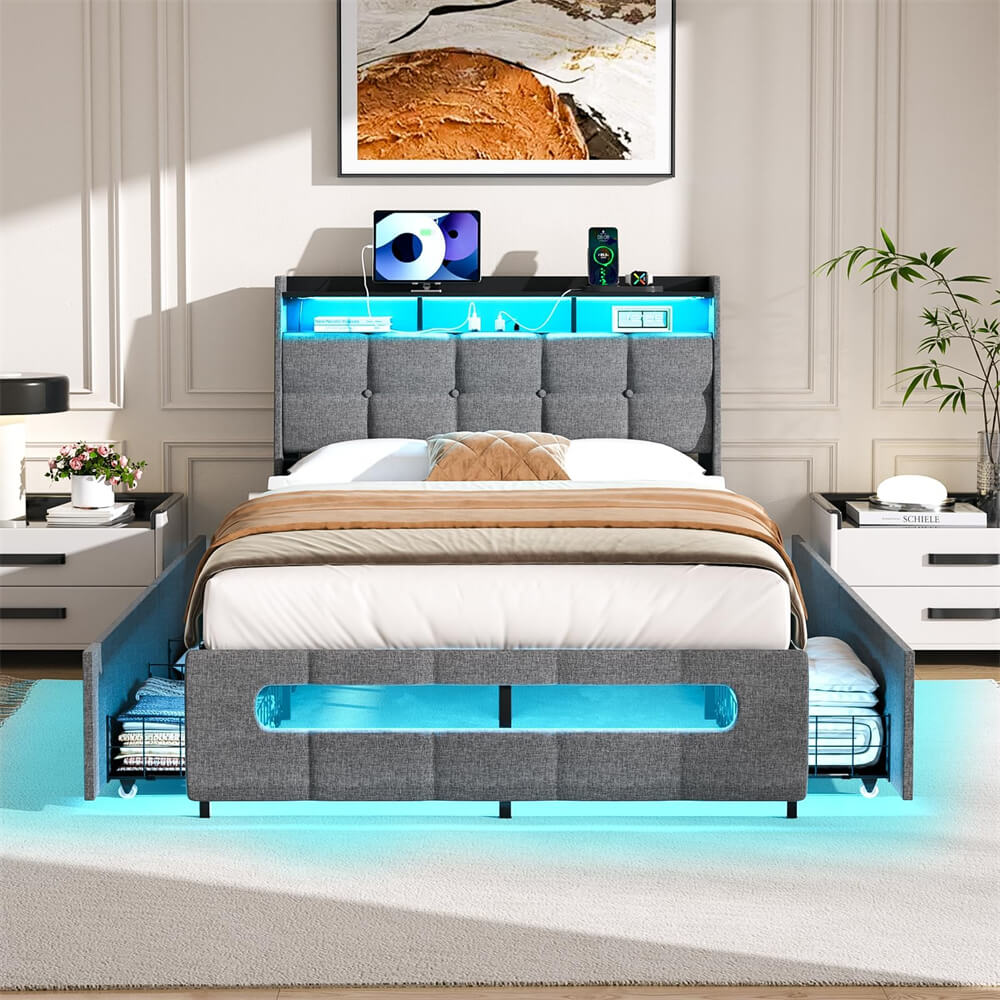 Twin Size Bed Frame with Upholstered Storage Headboard Charging Stations LED Lights and 4 Under Bed Drawers Noise Free Black