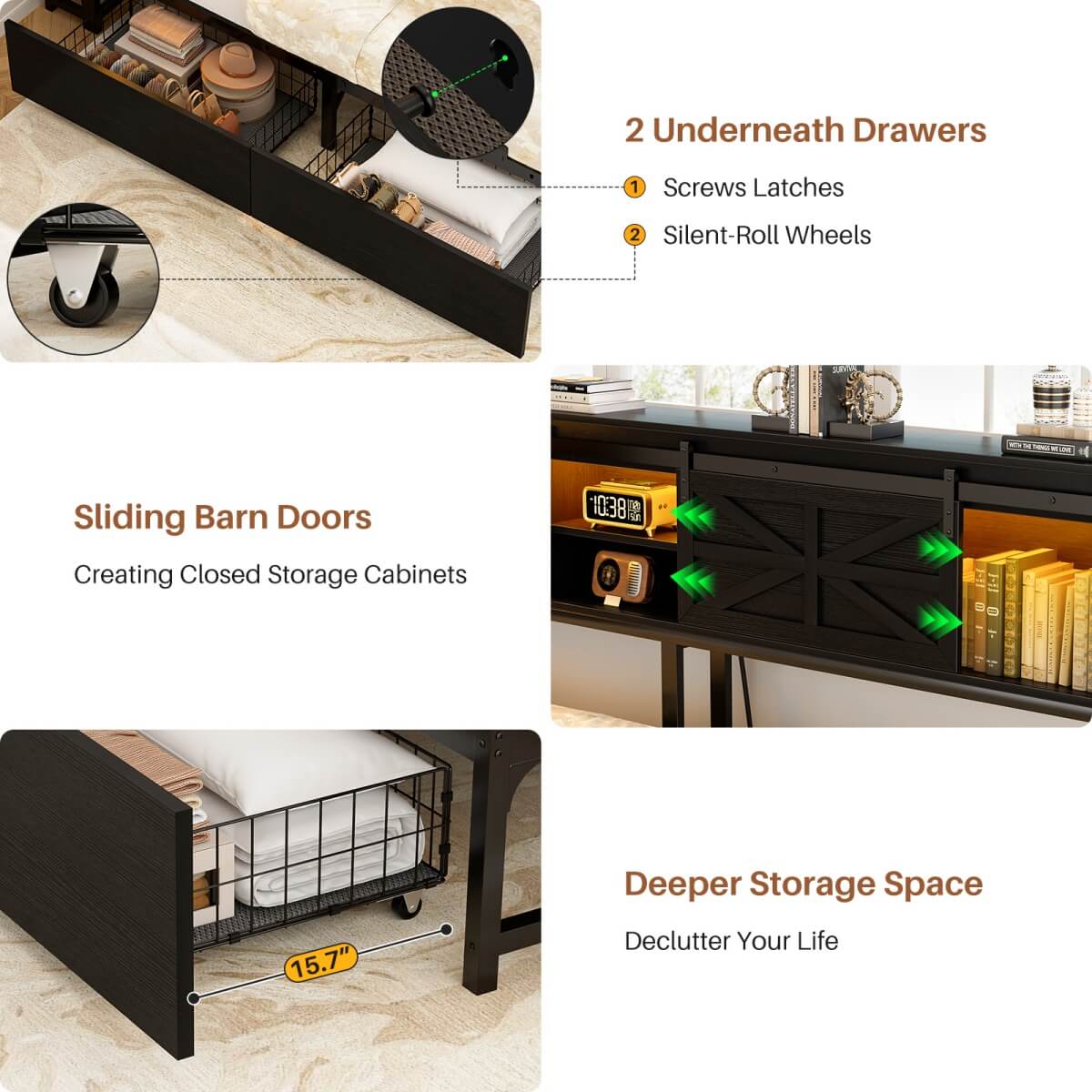 L-shaped Twin Daybed with Storage Headboard, 2 Darwers, Charging Station and LED Light