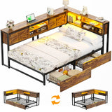 L-shaped Twin Daybed with Storage Headboard, 2 Darwers, Charging Station and LED Light