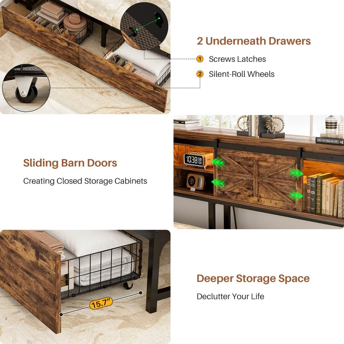 L-shaped Twin Daybed with Storage Headboard, 2 Darwers, Charging Station and LED Light