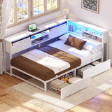 L-shaped Twin Daybed with Storage Headboard, 2 Darwers, Charging Station and LED Light