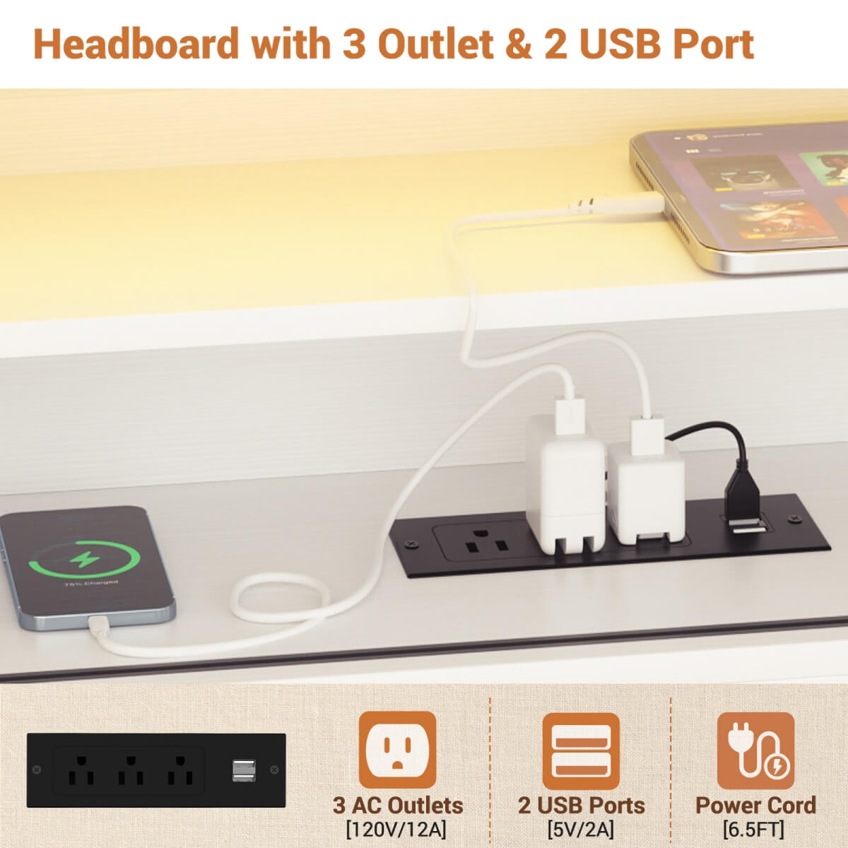 L-shaped Twin Daybed with Storage Headboard, 2 Darwers, Charging Station and LED Light