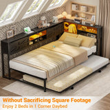 Twin Corner Daybed Frame with Trundle and Storage Headboard, Built-in Outlets and LED Light