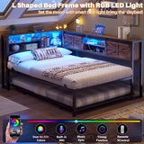Twin Corner Daybed Frame with Trundle and Storage Headboard, Built-in Outlets and LED Light