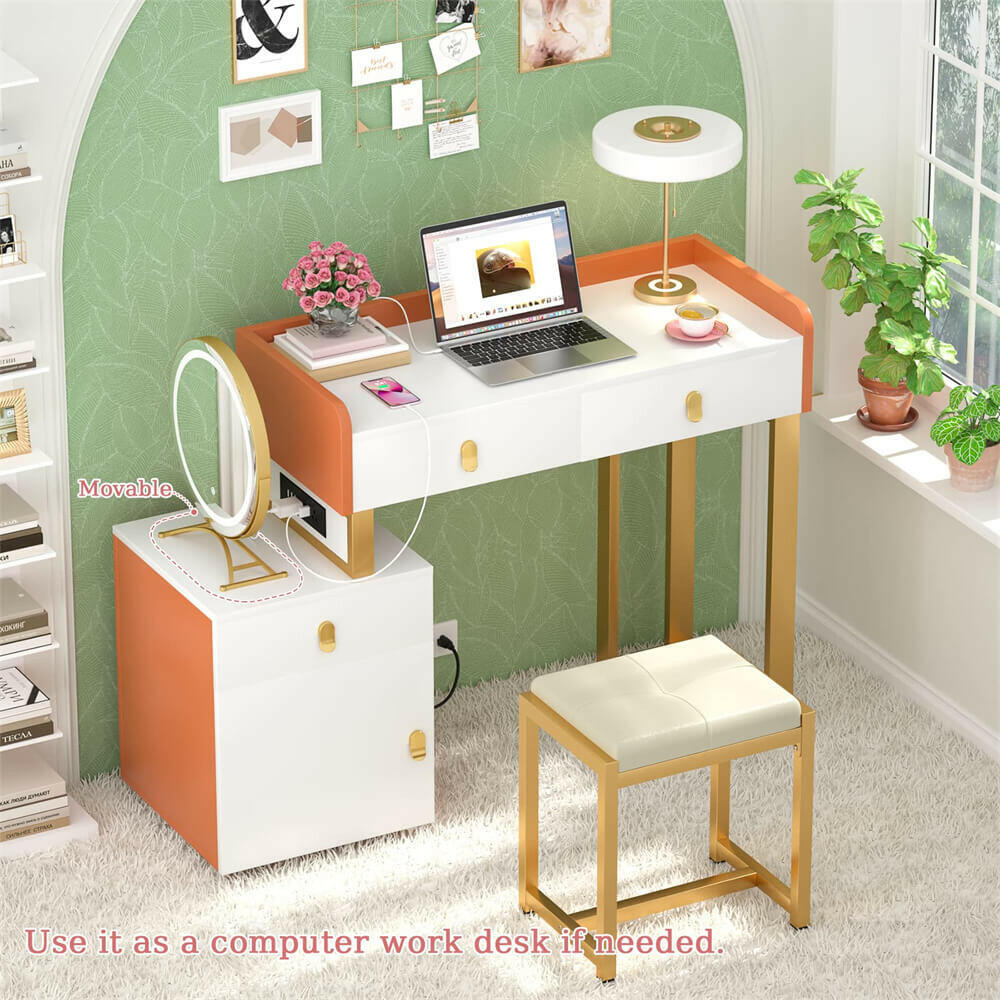Unikito Vanity Desk with Mirror and Lights, Makeup Vanity Table Set with 3 Storage Drawers, Stool and Divided Organizers, Dressing Table with 3 Color Lighting Options for Women Girls