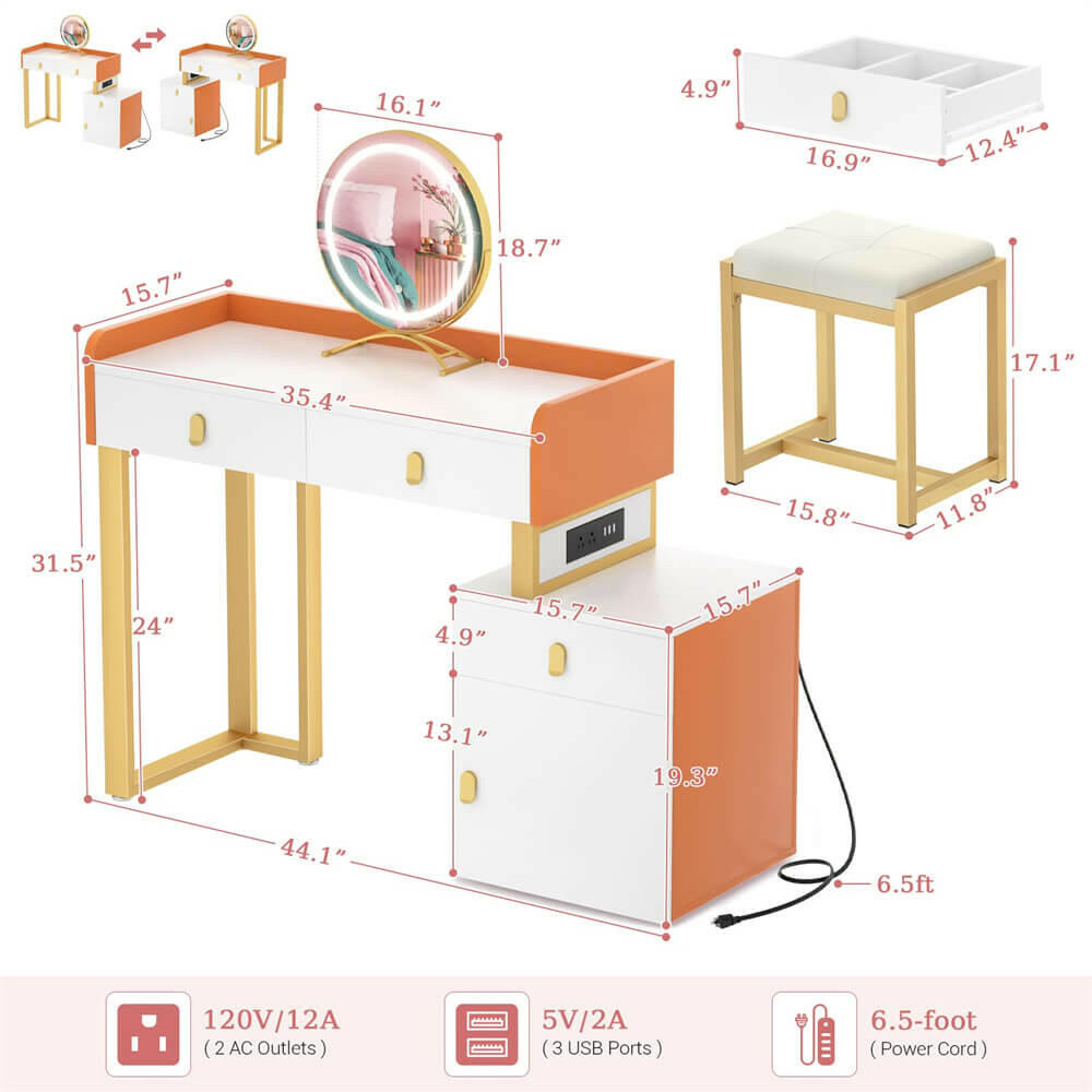Unikito Vanity Desk with Mirror and Lights, Makeup Vanity Table Set with 3 Storage Drawers, Stool and Divided Organizers, Dressing Table with 3 Color Lighting Options for Women Girls