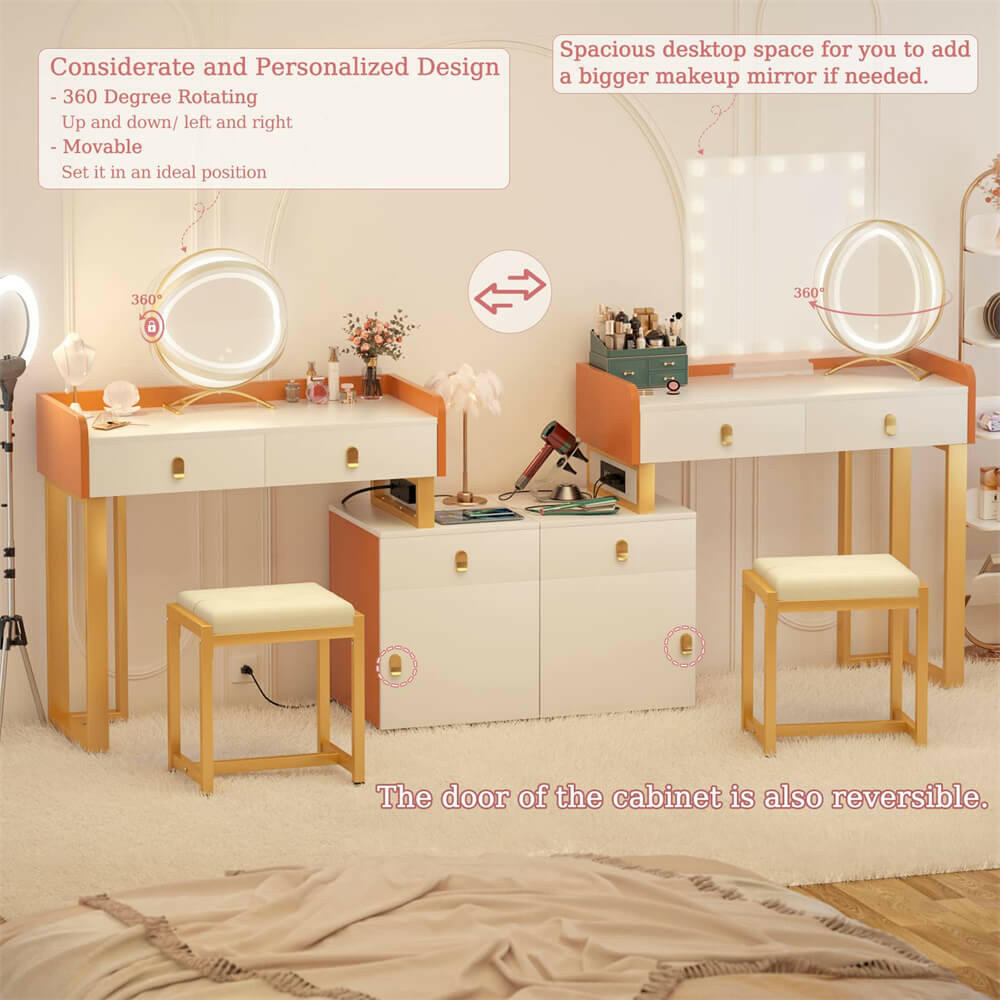 Unikito Vanity Desk with Mirror and Lights, Makeup Vanity Table Set with 3 Storage Drawers, Stool and Divided Organizers, Dressing Table with 3 Color Lighting Options for Women Girls