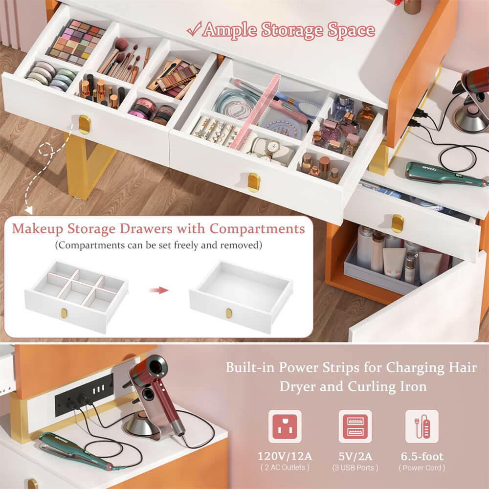 Unikito Vanity Desk with Mirror and Lights, Makeup Vanity Table Set with 3 Storage Drawers, Stool and Divided Organizers, Dressing Table with 3 Color Lighting Options for Women Girls