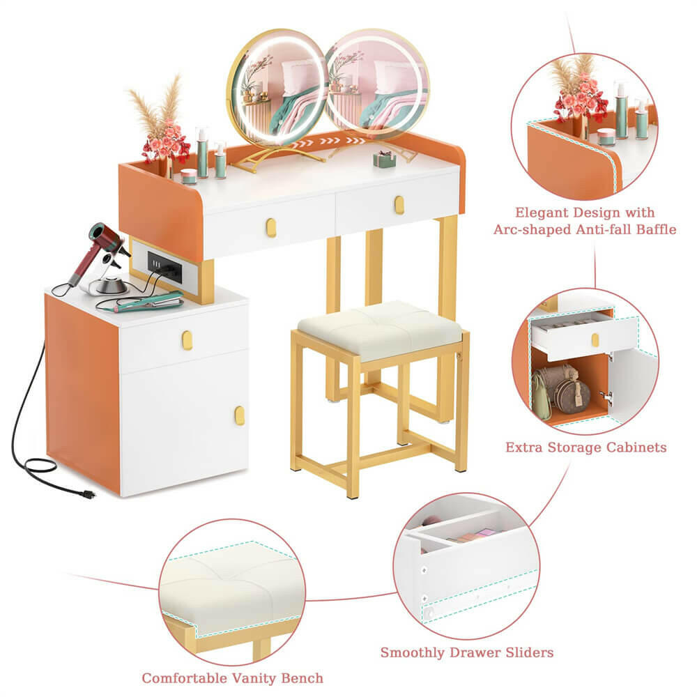 Unikito Vanity Desk with Mirror and Lights, Makeup Vanity Table Set with 3 Storage Drawers, Stool and Divided Organizers, Dressing Table with 3 Color Lighting Options for Women Girls