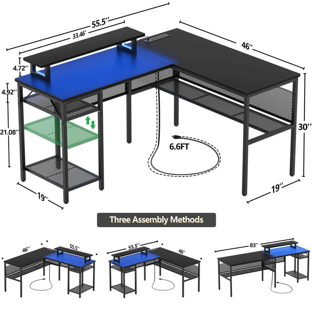 Unikito L Shaped Desk, Reversible Corner Computer Desk with Magic Power Outlets and Smart LED Light, Unique Grid Design, 55 Inch Office Desk with Monitor Stand and Storage Shelf