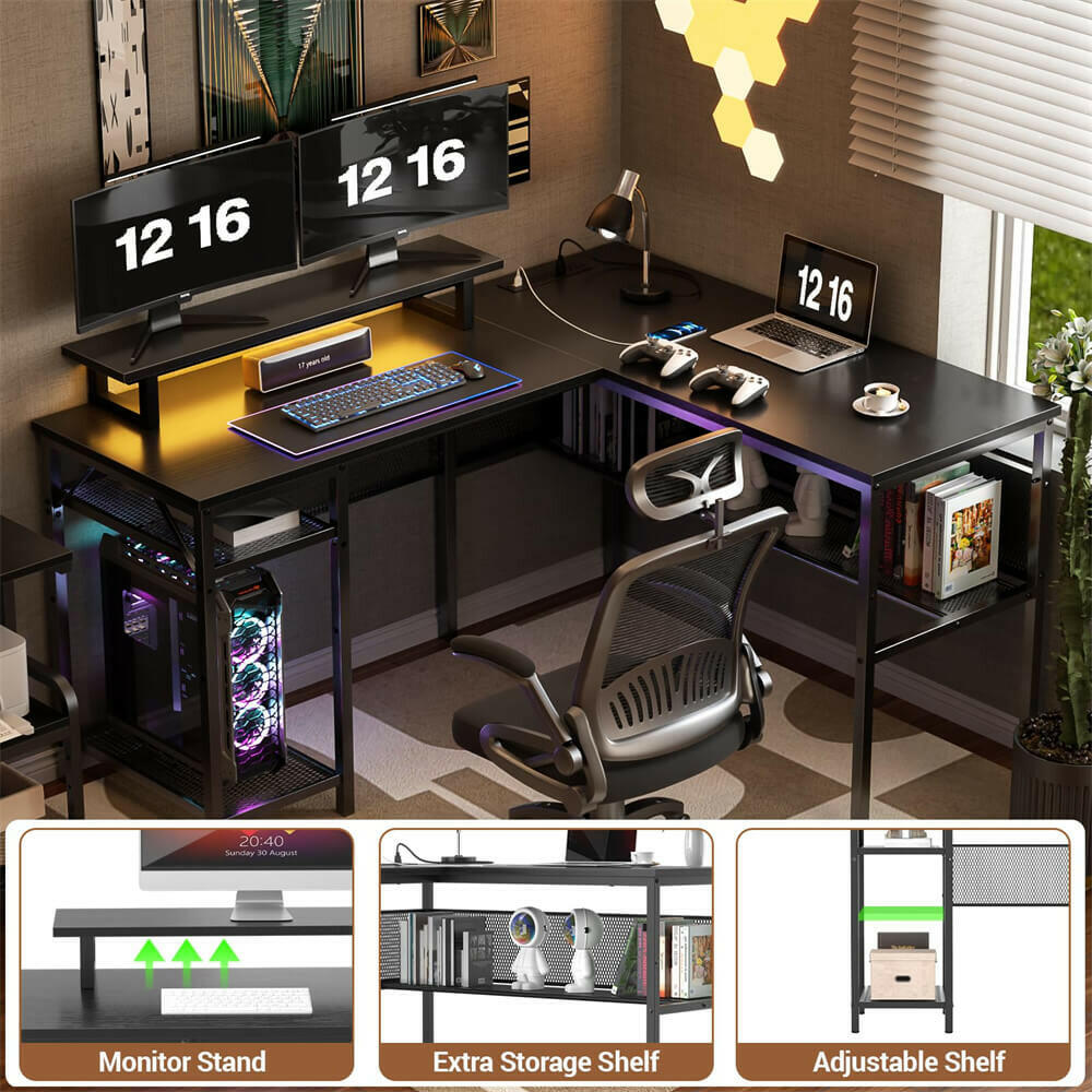 Unikito L Shaped Desk, Reversible Corner Computer Desk with Magic Power Outlets and Smart LED Light, Unique Grid Design, 55 Inch Office Desk with Monitor Stand and Storage Shelf