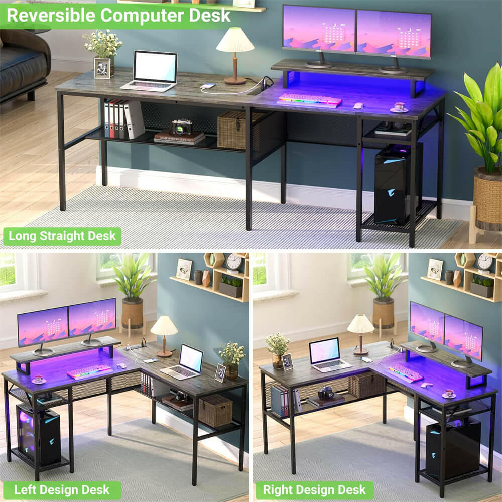 Unikito L Shaped Desk, Reversible Corner Computer Desk with Magic Power Outlets and Smart LED Light, Unique Grid Design, 55 Inch Office Desk with Monitor Stand and Storage Shelf