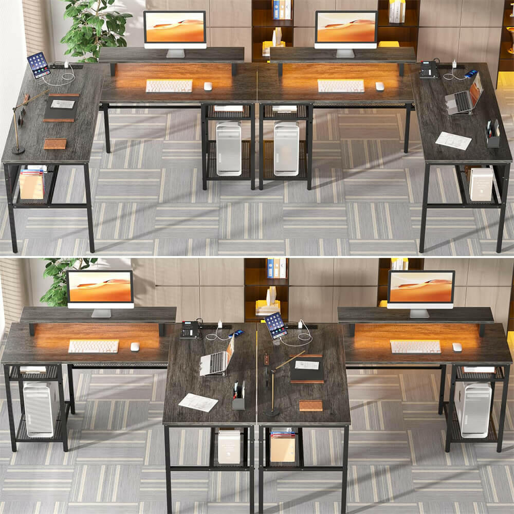 Unikito L Shaped Desk, Reversible Corner Computer Desk with Magic Power Outlets and Smart LED Light, Unique Grid Design, 55 Inch Office Desk with Monitor Stand and Storage Shelf