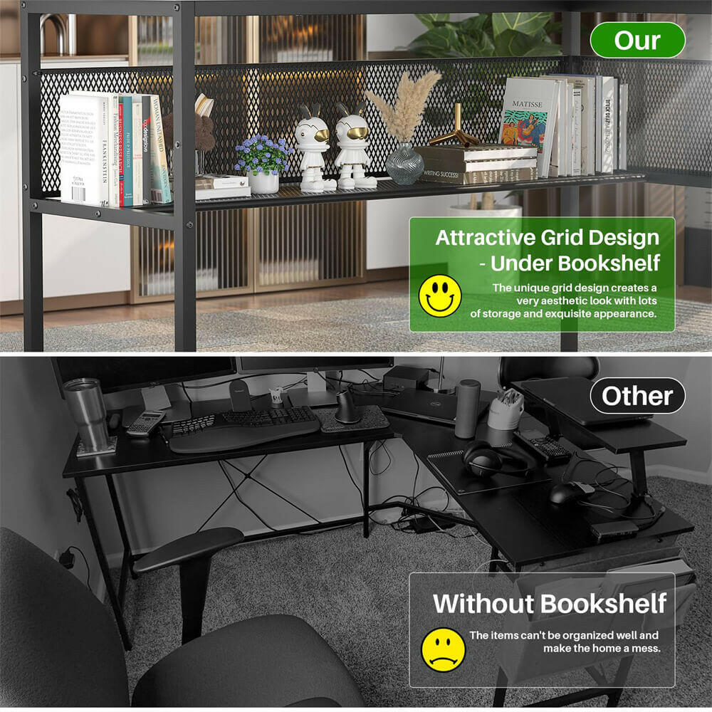 Unikito L Shaped Desk, Reversible Corner Computer Desk with Magic Power Outlets and Smart LED Light, Unique Grid Design, 55 Inch Office Desk with Monitor Stand and Storage Shelf