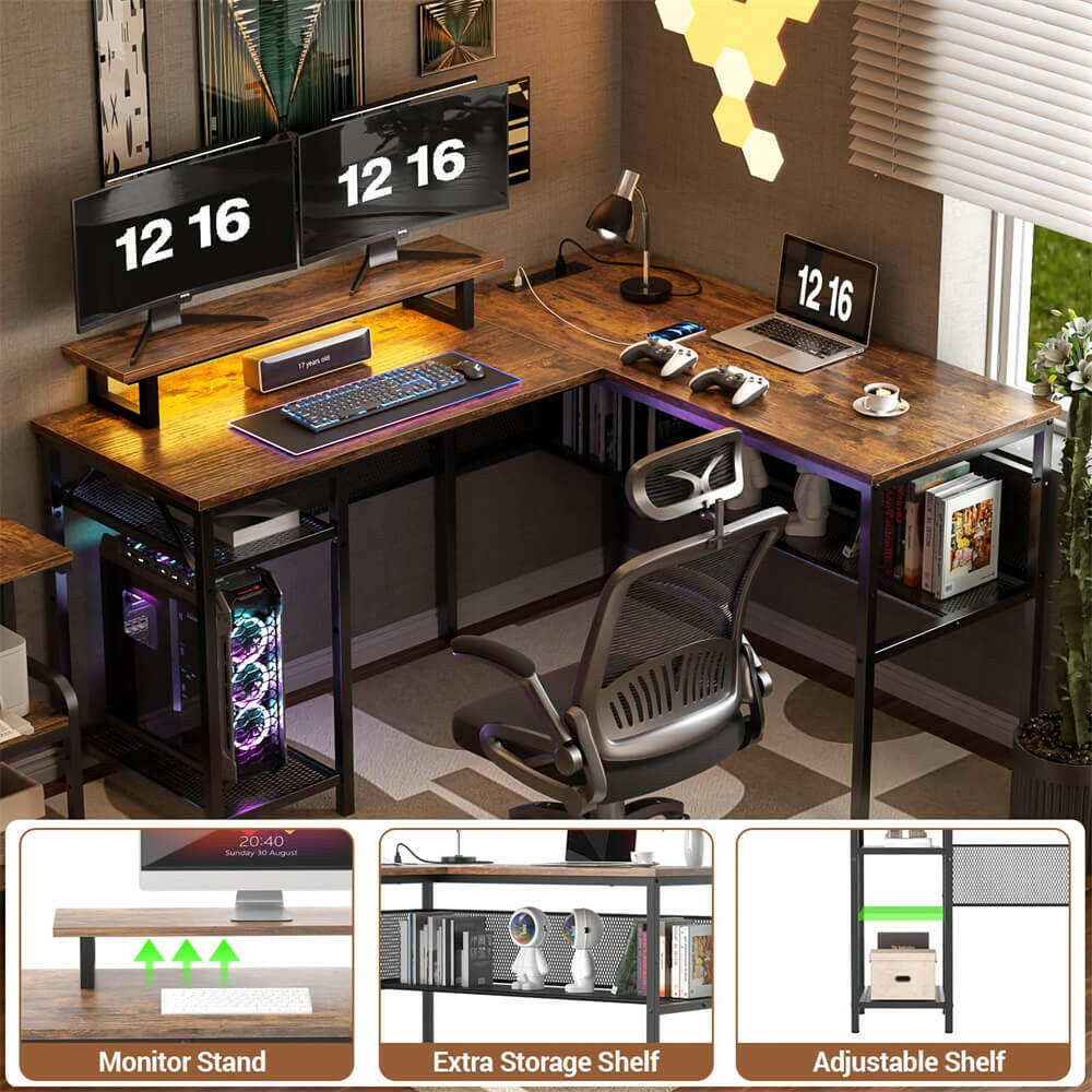 Unikito L Shaped Desk, Reversible Corner Computer Desk with Magic Power Outlets and Smart LED Light, Unique Grid Design, 55 Inch Office Desk with Monitor Stand and Storage Shelf