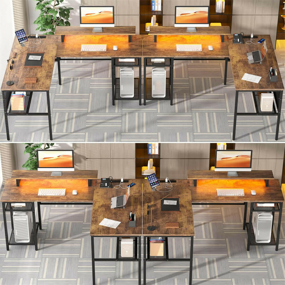 Unikito L Shaped Desk, Reversible Corner Computer Desk with Magic Power Outlets and Smart LED Light, Unique Grid Design, 55 Inch Office Desk with Monitor Stand and Storage Shelf