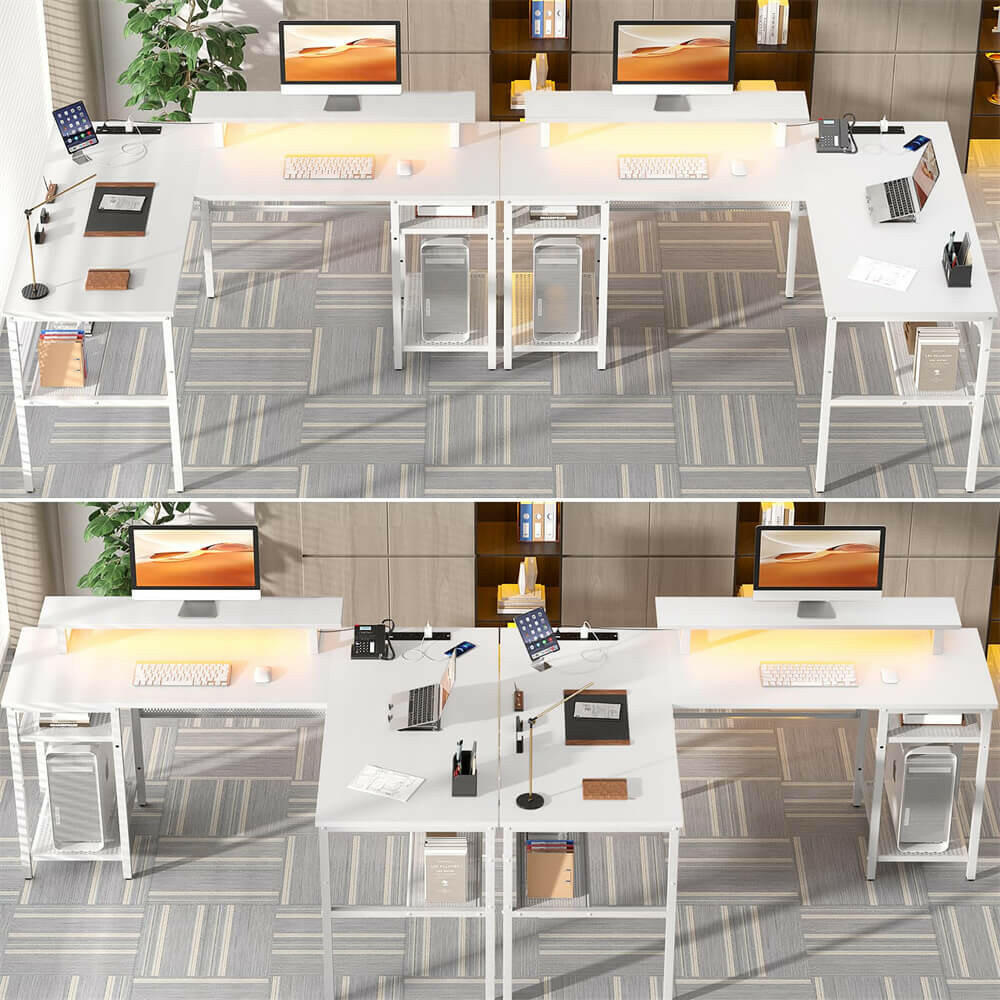 Unikito L Shaped Desk, Reversible Corner Computer Desk with Magic Power Outlets and Smart LED Light, Unique Grid Design, 55 Inch Office Desk with Monitor Stand and Storage Shelf
