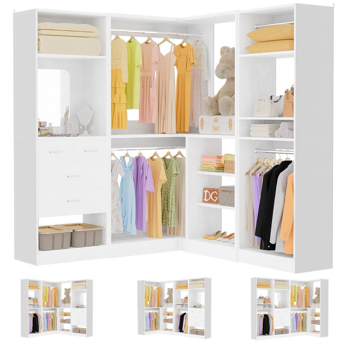 Unikito Closet System with Drawers, Hanging Rods and Corner, 86