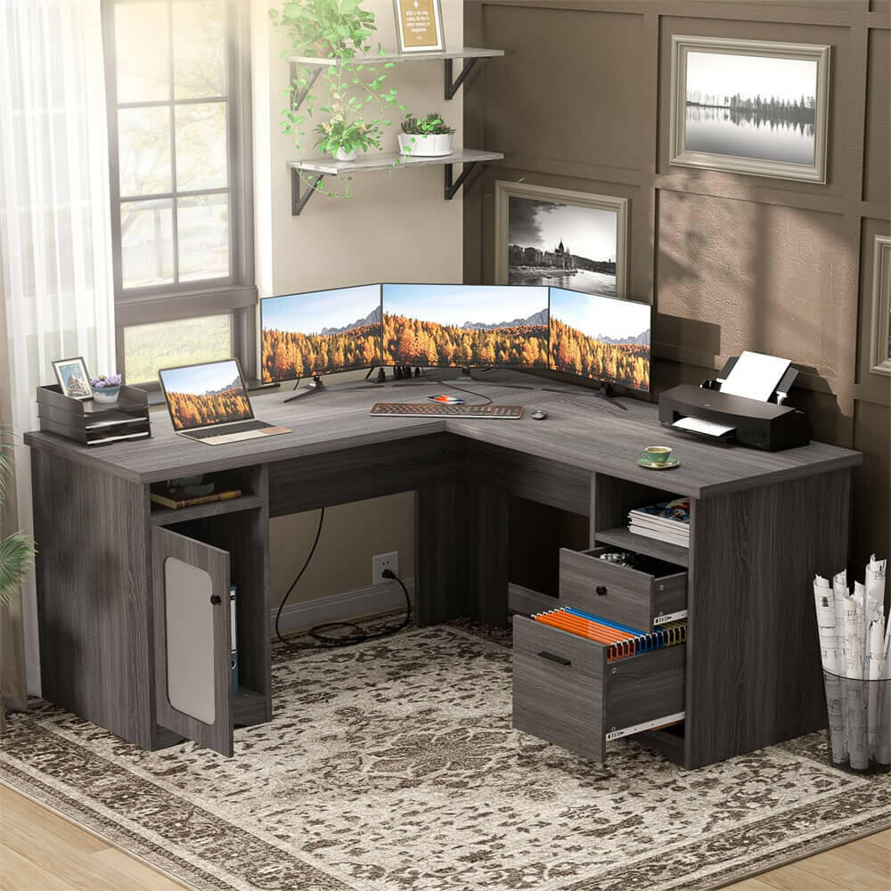 Unikito L Shaped Office Desk with Drawers 60 by 60 L Shaped Desk with Power Outlets Black