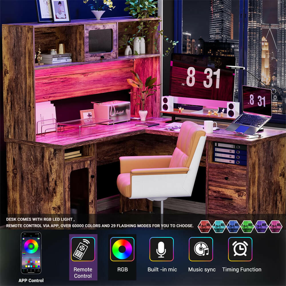 Unikito L Shaped Desk with Drawers, 60 Inch Office Desk with Power Outlet and LED Lights, Sturdy Corner Computer Desk with Hutch and File Cabinets, 2 Person Home Office Gaming Table