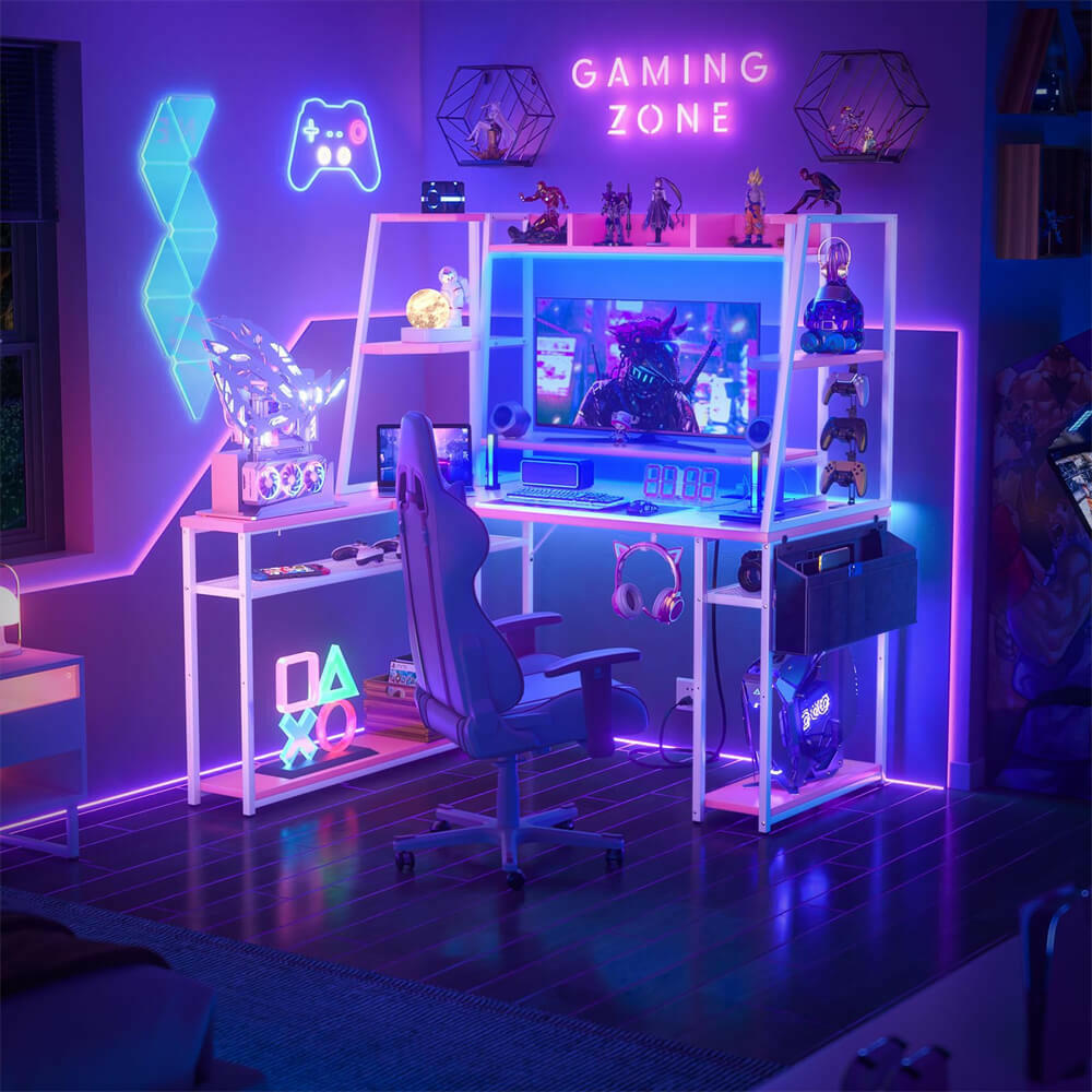 Unikito L Shaped Gaming Desk with Hutch & Shelves, 47'' Gaming Computer Desk with LED Lights & Power Strips, Reversible PC Gaming Desk L Shape with Storage, L Desk for Gaming with Monitor Stand