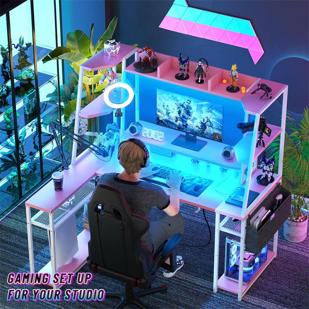 Unikito L Shaped Gaming Desk with Hutch & Shelves, 47'' Gaming Computer Desk with LED Lights & Power Strips, Reversible PC Gaming Desk L Shape with Storage, L Desk for Gaming with Monitor Stand
