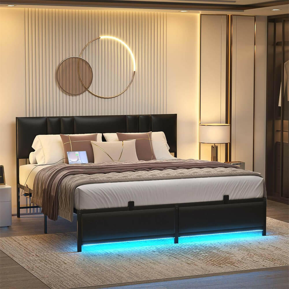 Unikito Black Metal Bed Frame with 3 Height Adjustable Headboard Platform Bed Frame with Sockets LED Light Strip Twin Full Queen Size