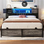 Unikito Queen Size Bed Frame with LED Light and Upholstered Storage Headboard, Metal Platform Full Bed Frame with Charging Station, No Box Spring Needed, Easy Assembly, Noise-Free