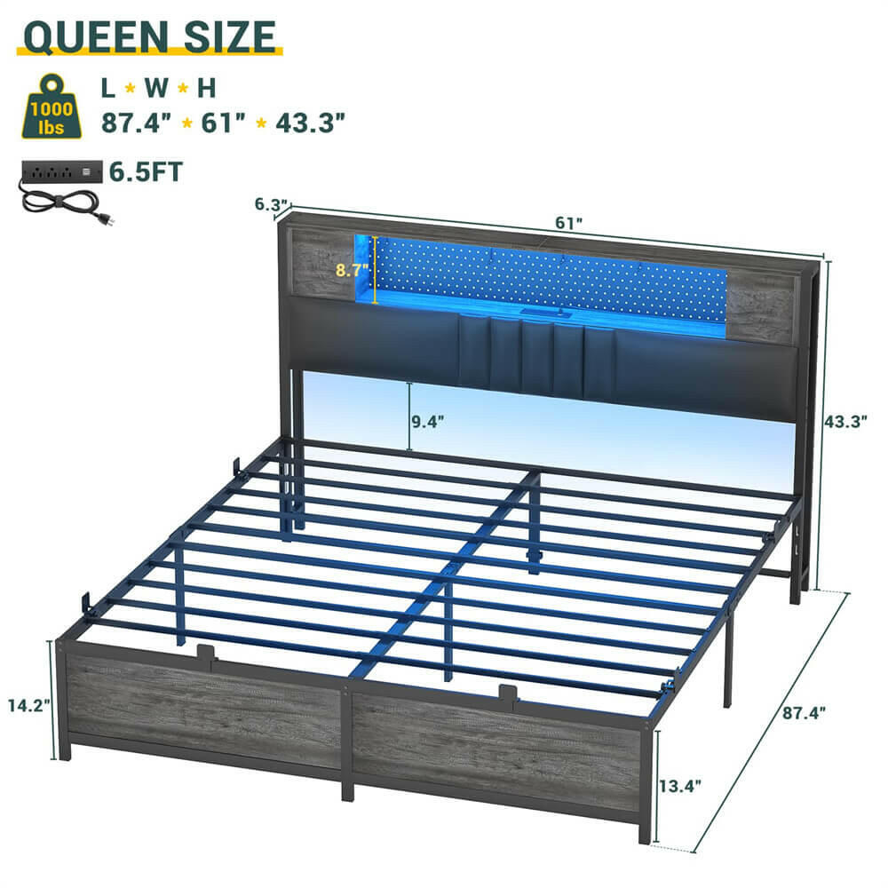 Unikito Queen Size Bed Frame with LED Light and Upholstered Storage Headboard, Metal Platform Full Bed Frame with Charging Station, No Box Spring Needed, Easy Assembly, Noise-Free