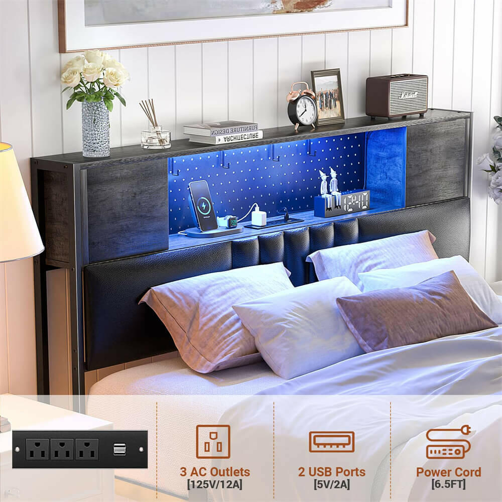 Unikito Queen Size Bed Frame with LED Light and Upholstered Storage Headboard, Metal Platform Full Bed Frame with Charging Station, No Box Spring Needed, Easy Assembly, Noise-Free