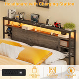 Queen Size Bed Frame with Storage Headboard, Power Outlets, and LED Lights, No Box Spring Needed