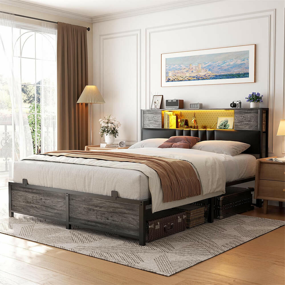 Unikito Queen Size Bed Frame with LED Light and Upholstered Storage Headboard, Metal Platform Full Bed Frame with Charging Station, No Box Spring Needed, Easy Assembly, Noise-Free