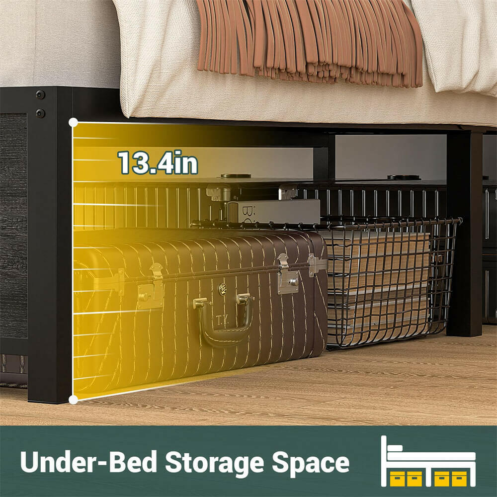 Unikito Queen Size Bed Frame with LED Light and Upholstered Storage Headboard, Metal Platform Full Bed Frame with Charging Station, No Box Spring Needed, Easy Assembly, Noise-Free