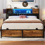 Unikito Queen Size Bed Frame with LED Light and Upholstered Storage Headboard, Metal Platform Full Bed Frame with Charging Station, No Box Spring Needed, Easy Assembly, Noise-Free